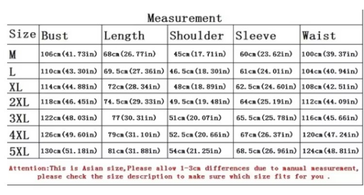 size chart for men insulated winter work jacket from S to 5XL size chart for men insulated winter work jacket from S to 5XL